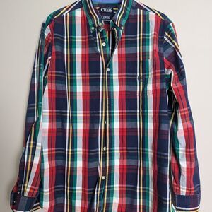 Chaps Easy Care Stretch Multicolor Plaid Long Sleeve Button Down Large Red Blue
